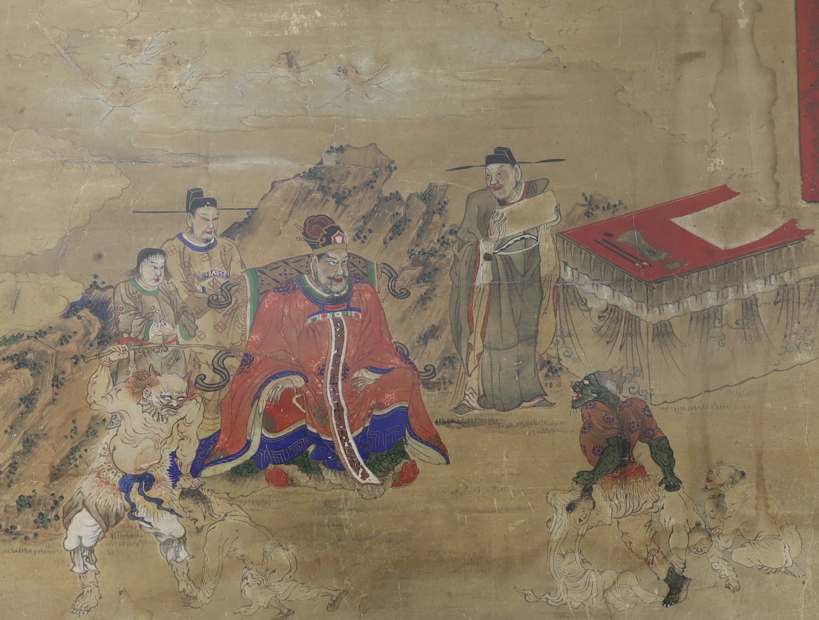 A series of three Japanese watercolours of Zen Buddhist scenes, Edo period, each 35. 5 x 45 cm